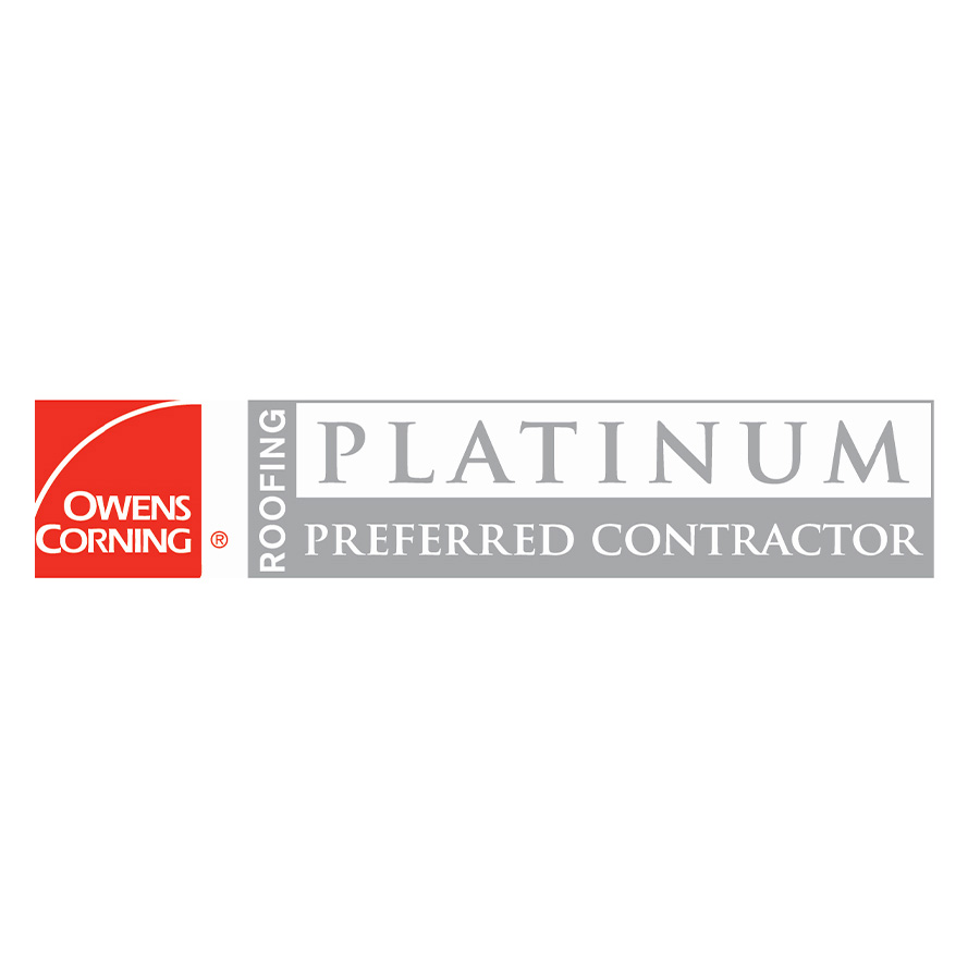 Owens Corning Roofing Platinum Preferred Contractor logo, featuring a red square with the company name and a gray box with the certification title in uppercase letters, designating Campbell Roofing as a trusted contractor.